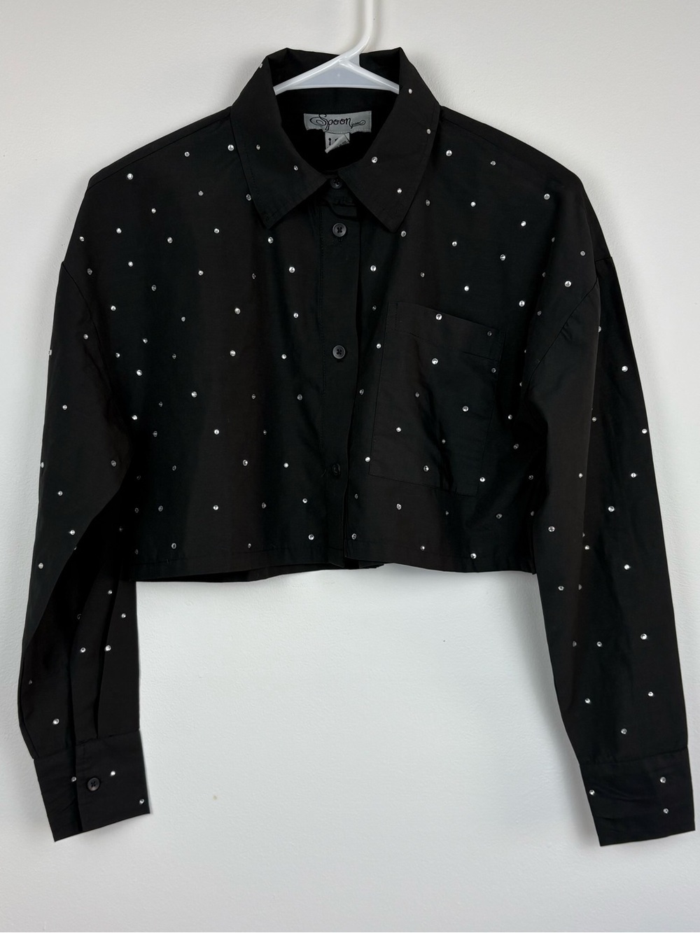 Spoon Jeans Rhinestone Cropped Black Button-Up Top Small EUC Punk Grunge Indie
